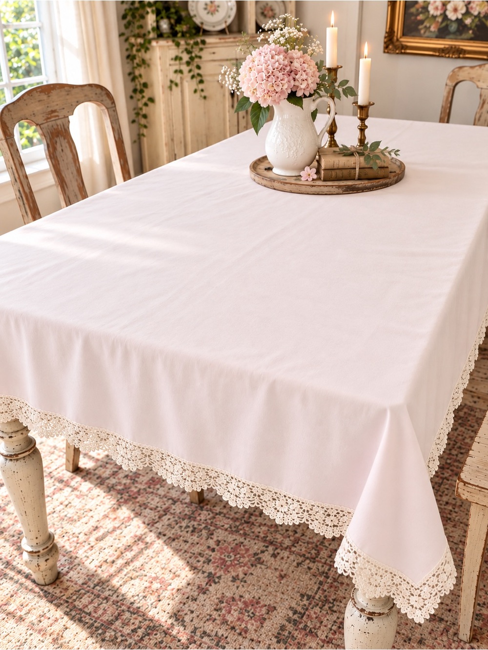 Vintage Pink Tablecloth with Crochet Lace Trim